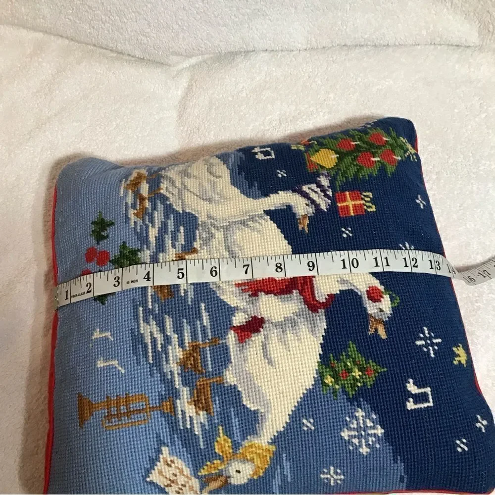 Steinway Vtg Christmas Needlepoint Geese Throw Pillow